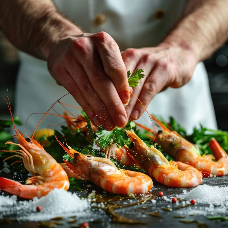 preparazione piatto con gamberoni